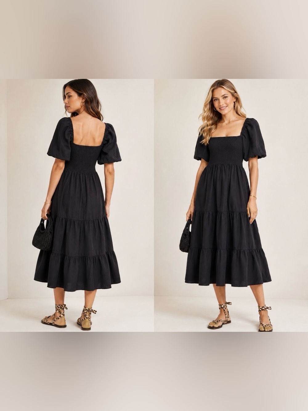 OPT OnePrettyTime Midi Dress XS Black Pockets Smocked Puff Sleeve Flax Linen NEW
